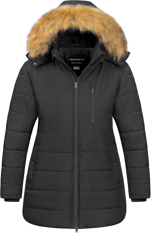 CREATMO US Women's Plus Size Winter Coats Long Puffer Jacket Fleece Lined Parka Removable Fur Hood Available in 1X To 5X