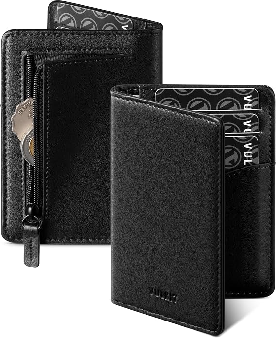 VULKIT RFID Blocking Bifold Card Holder Wallet for Men, Minimalist Credit Card Wallet with Zipper Coin Pocket, Black