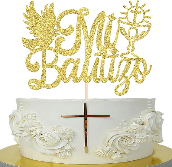 1 Pack Spanish Mi Bautizo Cake Topper Glitter Cross First Holy Communion Baptism Cake Pick Religious God Bless Baptism Cupcake Decoration for Baby Shower Birthday Party Supplies Gold