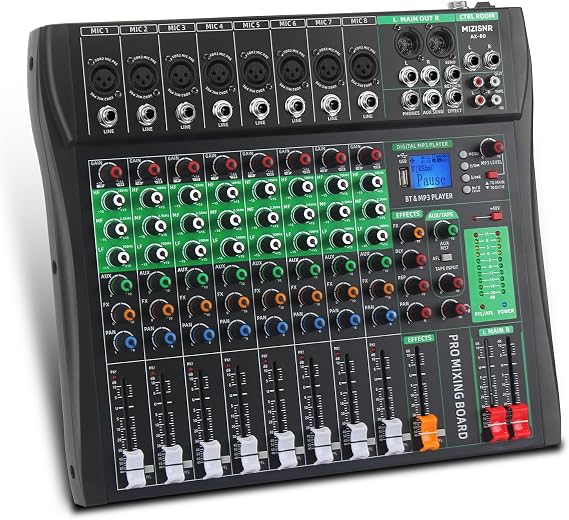 Audio Mixer 8 Channel, Professional Music Sound Mixer Board with Reverb, Digital DJ Mixing Console with 48V Phantom Power USB Port Bluetooth for Recording Karaoke Podcasting (AX-80)