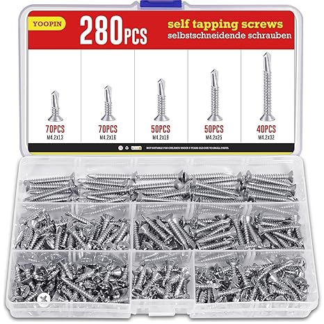 280PCS M4.2 Phillips Self-Tapping Screws, Stainless Steel