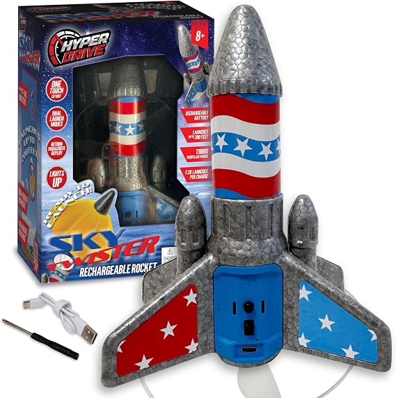 Hyper Drive SkyTwister Rocket Rechargeable Electric Launch Rocket With Parachute Deploy Flies Up To 200 Feet Safe Toy For Kids Ages 8+ Fully Self-Contained Launch Kit