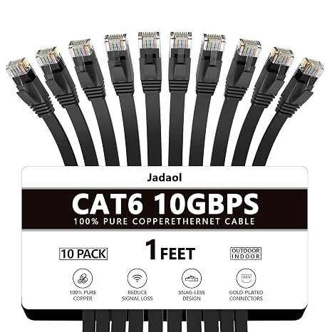 Jadaol Cat6/Cat6A Ethernet Cable 1FT 10Pack Flat 10Gbps Network Cable Black