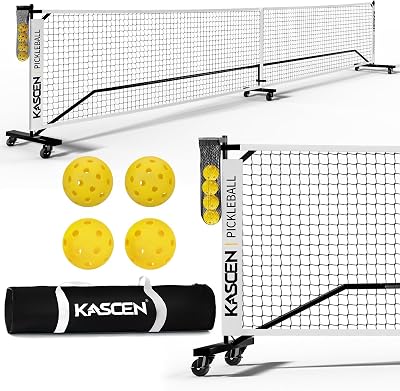 KASCEN Portable Pickleball Net for Driveway - 22 FT Pickleball Net Set Outdoor Regulation Size with Wheels, Pickle Ball Net System for Backyards, Indoor with Ball Holder, 4 Pickleballs & Carrying Bag