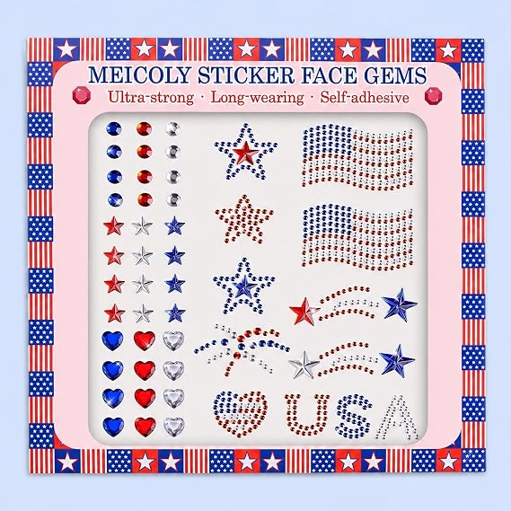 MEICOLY 4th of July Face Gem, Self Adhesive Hair Gems Jewels Rhinestone Stickers, Red White Blue Heart Star Glitter,Fourth of July 3D USA Flag Face Stars