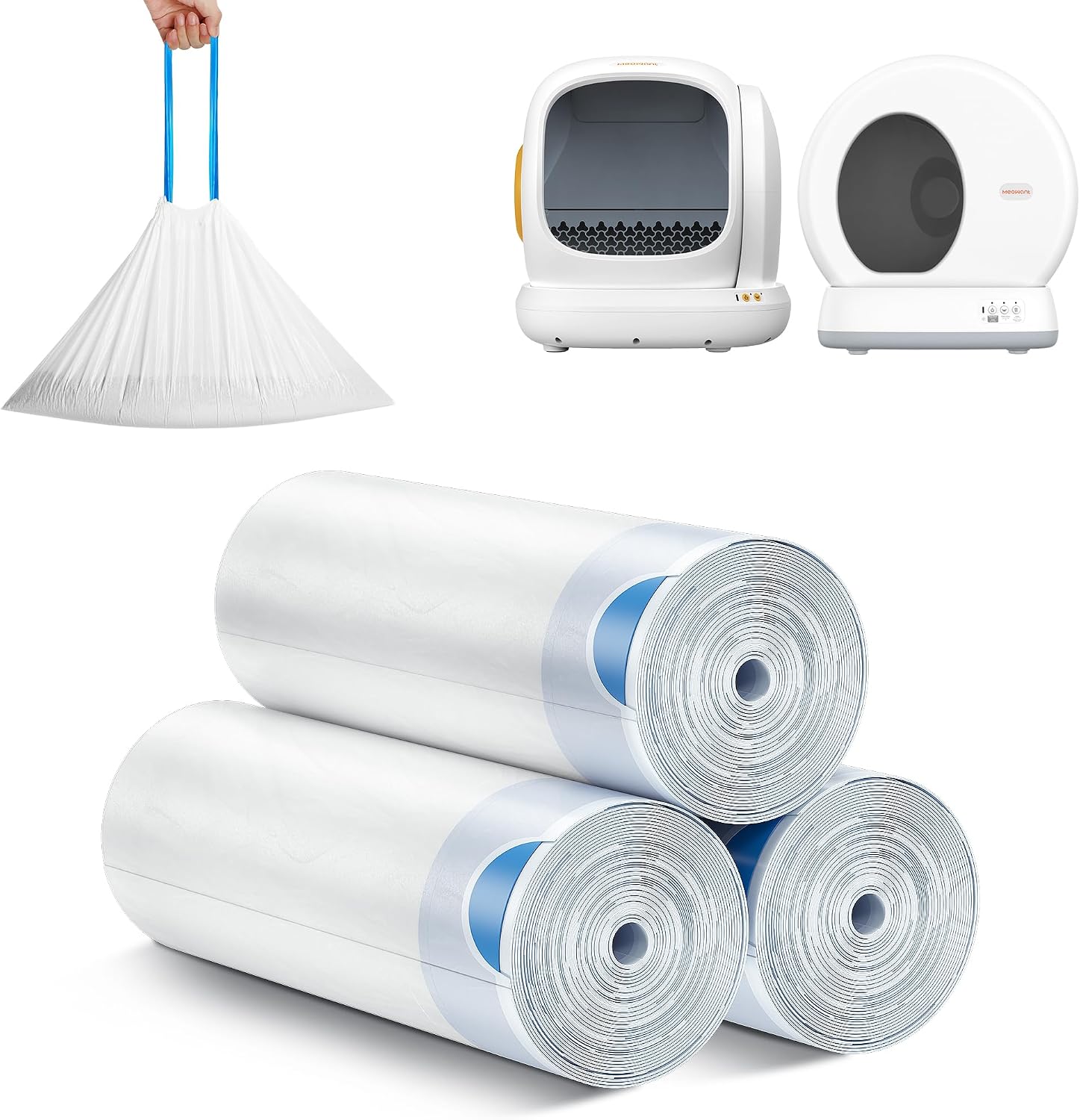 MeoWant Cat Litter Box Liner -120PCS Heavy Duty Drawstring Trash Bags for MeoWant MW-SC01MW-SC02 Automatic Self-Cleaning Boxes, Extra Thick Leakproof, 6 Rolls 20 BagsRoll