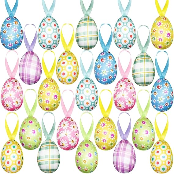 24PCS Easter Ornaments for Tree - Buffalo Plaid & Dots Hanging Eggs, Easter Tree Decorations for Home, Basket Fillers