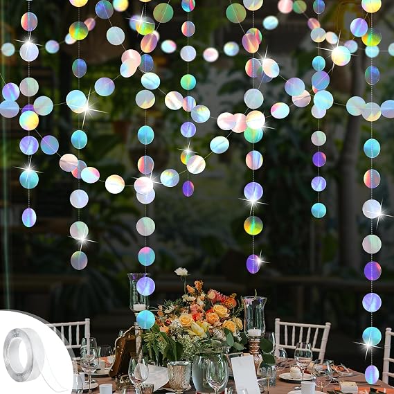 4 Pack Iridescent Party Decorations Holographic Circle Garlands | with Tape,Perfect for Music Themed Party,Disco Birthday Party Decoration,Euphoria Parties,Graduation