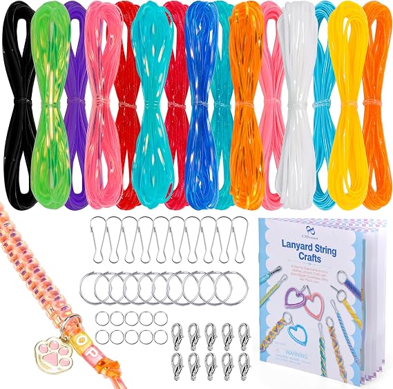 PP OPOUNT Lanyard String Kit for Summer Camp Adults 15 Plastic Gimp Strings with 40 Keychain Accessories & Instructions, DIY Bracelets Keychains Adults Gift Craft Set(Solid/Glitter/Laser Colors)
