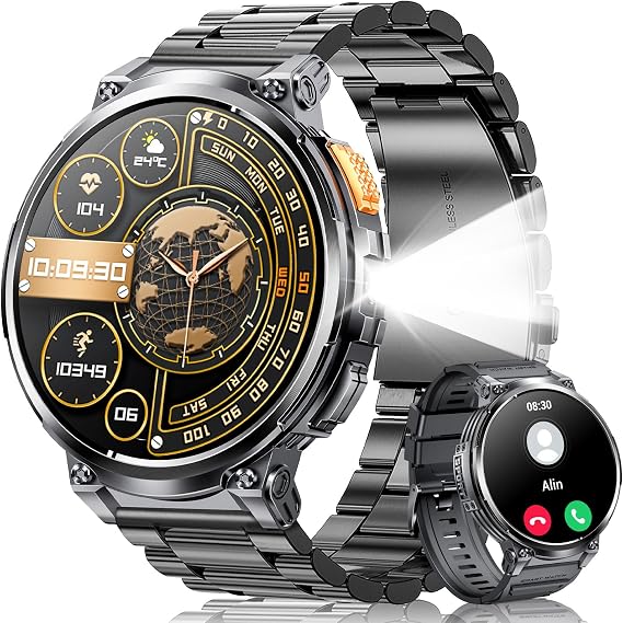 1.85 Big Screen Military Smart Watch for Men with LED Flashlight 2 Straps | Rugged Smart Watch, 730mAh Battery, 100+ Sports Modes, Fitness Watch, Heart Rate Monitor, Sleep Tracker