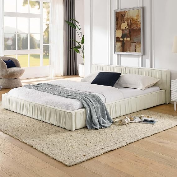 Soft Cloud Bed Frame Queen with Headboard, Upholstered Floor Bed Frame with Pleated Design, Low-Profile Floor, Wooden Slats Support, Easy Assembly (Beige, Queen)