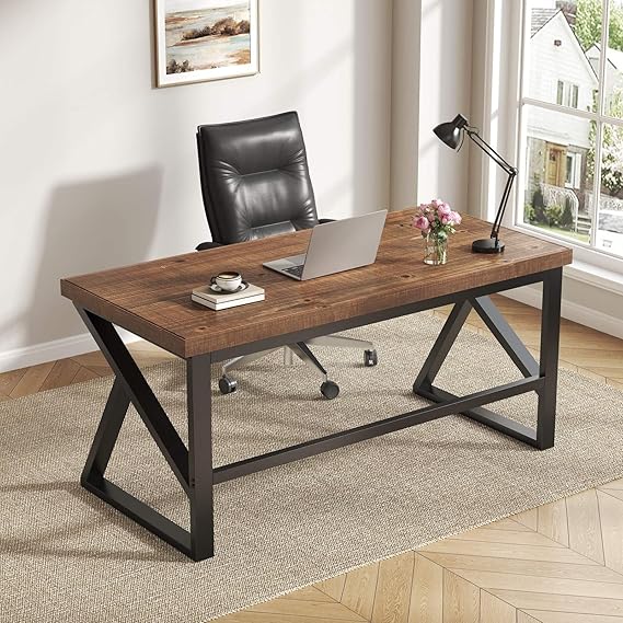 IBF Real Wood Computer Desk 120cm, Vintage Home Office Desk, Rustic Wooden Study Table, Solid Wood Metal Home Workstation for Writing, Gaming, Work, Brown