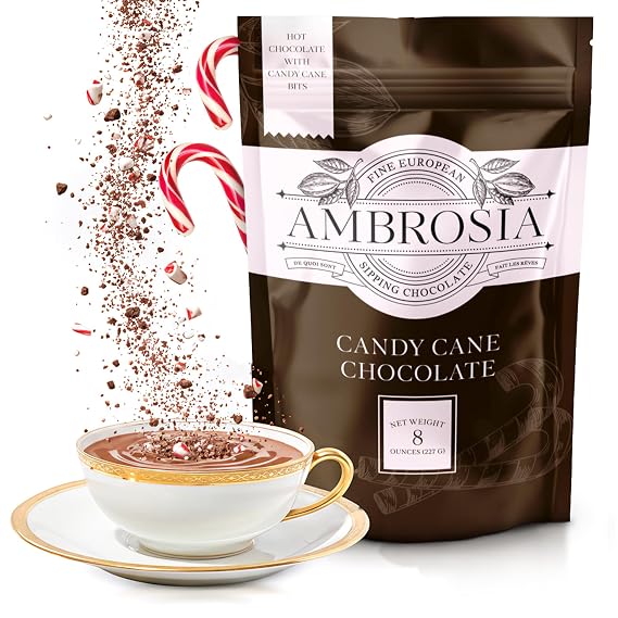 Ambrosia Candy Cane Sipping Chocolate - Handcrafted with 100% Real European Cocoa - Our European Drinking Chocolate Makes Luxurious & Velvety Smooth Hot Coco (Candy Cane, 8 oz Packet)