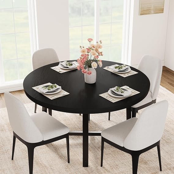 Round Dining Table, Industrial Farmhouse Dinner Table for 4 to 6, Wooden Kitchen Table with Sturdy Metal Frame, 47 in Circle Kitchen Table for Dining Room, Kitchen(No Chairs) - Black