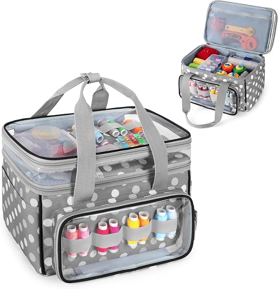 LUXJA Double-Layer Sewing Storage Organizer with Transparent Compartment, Large Sewing Organizer Bag with Detachable Divider for Sewing Supplies (Bag Only), Polka Dots