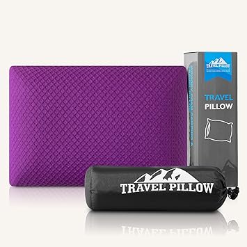 Travel Pillow Memory Foam Pillows, Camping Pillow-Compressible Medium Firm, Breathable Cover, Ideal Backpacking Hiking, Bed Pillows, Airplane and Car Purple, S