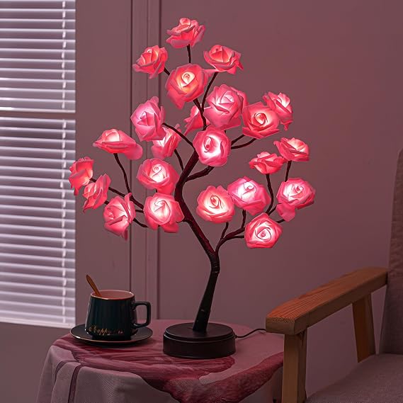 Pink Flower Lamp Rose Floral Night Light with Pink Lamp Beads