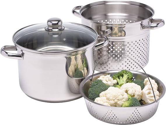 KitchenCraft World of Flavours Pasta Pot with Strainer and Vegetable Steamer Basket in Gift Box, Induction Safe, Stainless Steel, 4 Litres, Silver
