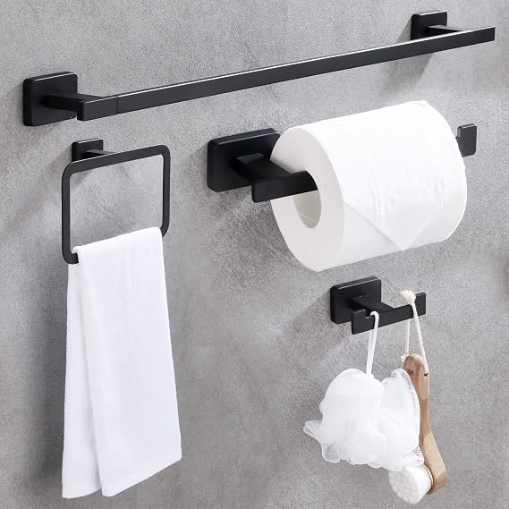 4 Piece Bathroom Hardware Accessories Set,Matt Black Stainless Steel Towel Bar Sets Wall Mounted - Includes 16" Towel Bar, Square Towel Ring, Toilet Paper Holder, Robe Towel Hook