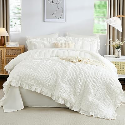 WONGS BEDDING White Comforter Set King,7 Pieces Ruffle Comforter Set with Sheets,Textured Bed in a Bag for King Bed 10490