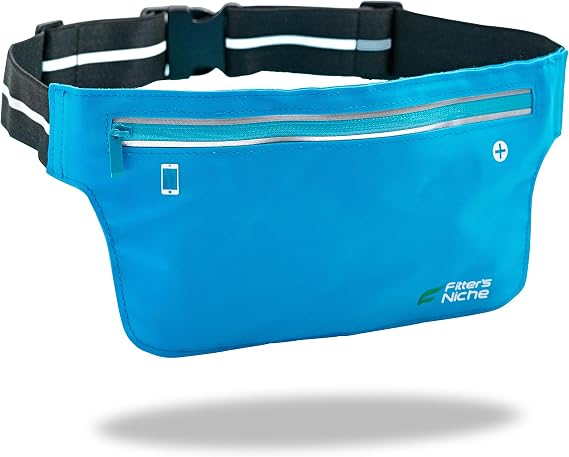 Fitter's Niche UltraSlim Fanny Waist Pack Men Women Water Resistant Bag, Reflective Elastic Belt Fit 24 to 43inch Waists, Holds Phones up to 6.7inch Ideal for Running Hiking Riding CoastBlue