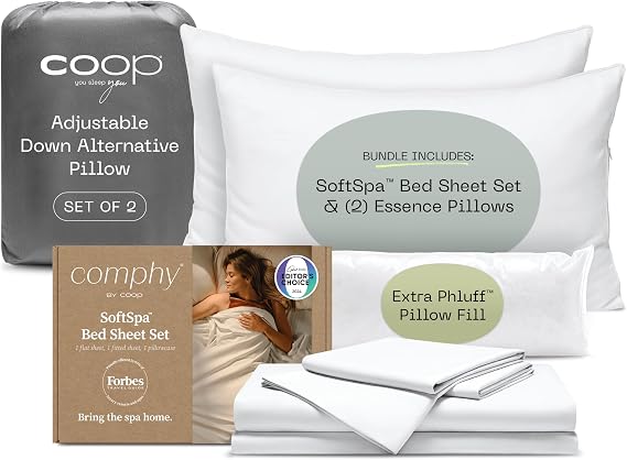 Comphy SoftSpa Bed Sheet Set White and 2-Pack Essence Pillow Queen Bundle