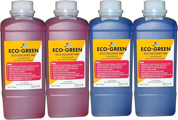 Eco Solvent Ink for Wide Format Commercial Sign Printers Using DX4 DX5 DX7 DX9 DX10 DX 11 XP600 TX800 Printhead, Mimaki, Roland, Mutoh (2M + 2C), Will NOT Work with Desktop Printers.