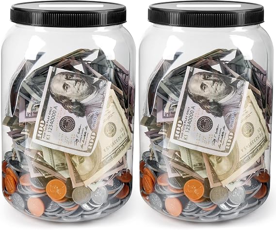 2 Pack Clear Large Piggy Bank with Slotted Lid, 4/5 Gallon Plastic Money Saving Jar Bank Box Container for Cash Saving, Money Coin Change Bank Penny Piggy Jar Bank for Adults Kids