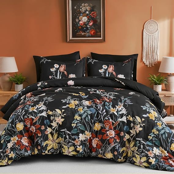 WONGS BEDDING Queen Comforter Set 7 Piece, Black Floral Bed in a Bag Bedding Set with Botanical Flowers Patterns, Soft Lightweight Complete Comforters with Sheets for All Season