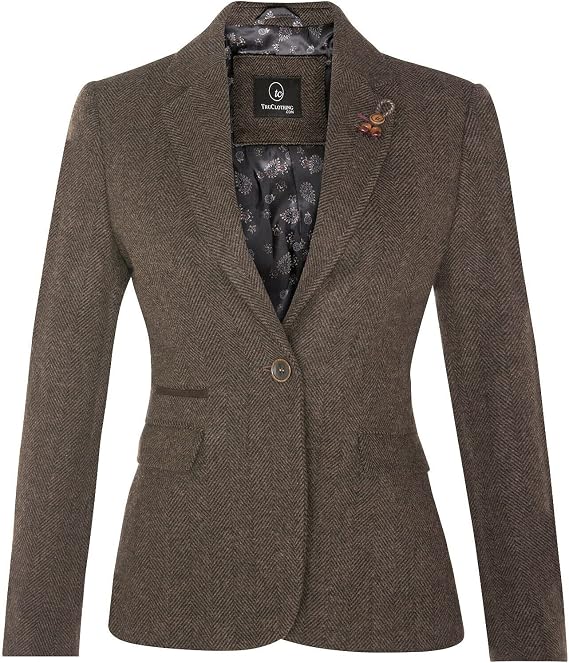 Women's Tweed Herringbone Classic 1920s Formal Wool Tailored Blazer with Elbow Patches