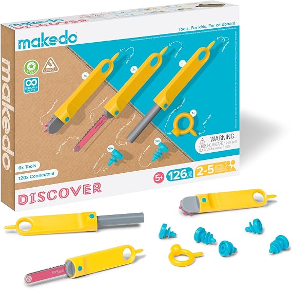 Makedo Discover | Safe Cardboard Construction Tool Kit for Kids, 126 Pieces