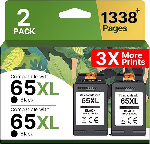 65XL Ink Cartridge for HP 65 Black Ink Cartridge High-Yield Replacement for HP Ink 65, 65XL Black Ink Cartridge for HP Printers Deskjet 3755 3772 3700 3722 3752 2600 2622 Envy 5055 5070 5052 (2 Pack)