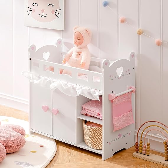ROBOTIME Baby Doll Crib Wooden Changing Table Storage, Fits 18-21" Age3+