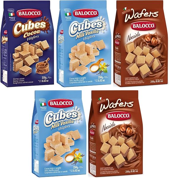 Balocco Wafers Cubes Choco Vanilla Italian Shortbread Biscuits | Cocoa & Cream Biscuit for Breakfast | Chocolate Swirl Cookies | Palm Oil Free Snack (Wafers Collection, 5 Pack)