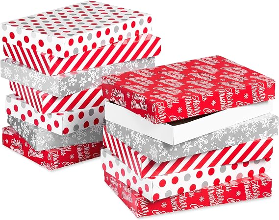 American Greetings Christmas Gift Boxes, Red, White and Silver Christmas Patterns (12-Boxes, 14.75 in. x 9.5 in.)