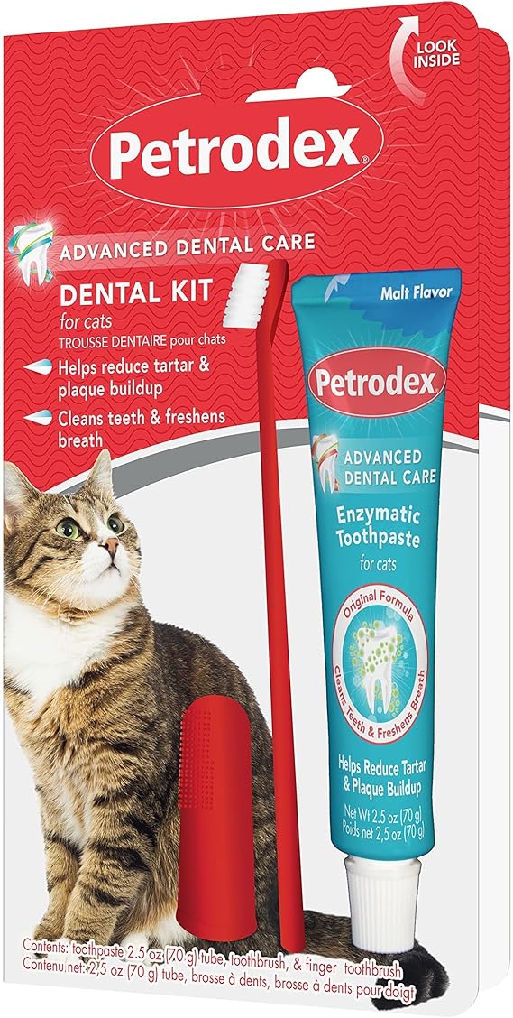 Petrodex Dental Care Kit for Cats, Cat Toothbrush and Toothpaste, Cleans Teeth and Fights Bad Breath, Reduces Plaque Tartar Formation, Malt Flavor, 2.5oz Toothpaste  Toothbrush