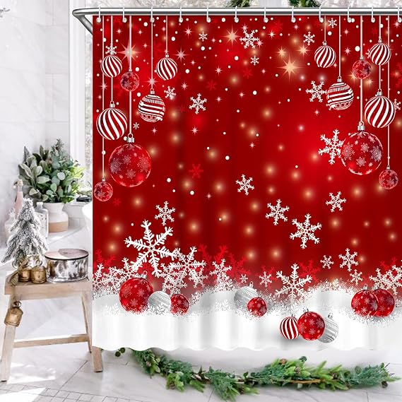 Red Christmas Snowflakes Shower Curtain Set with 12 Hooks Merry Xmas Glitter Sparkle Bokeh Bathroom Bathtubs Decor Easy Care Washable Durable Polyester Fabric 72"x72"