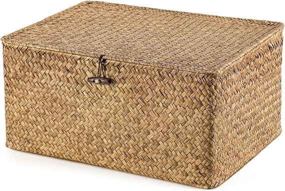 1PC Seagrass Storage Box with Lid Woven Basket 40x28x19cm