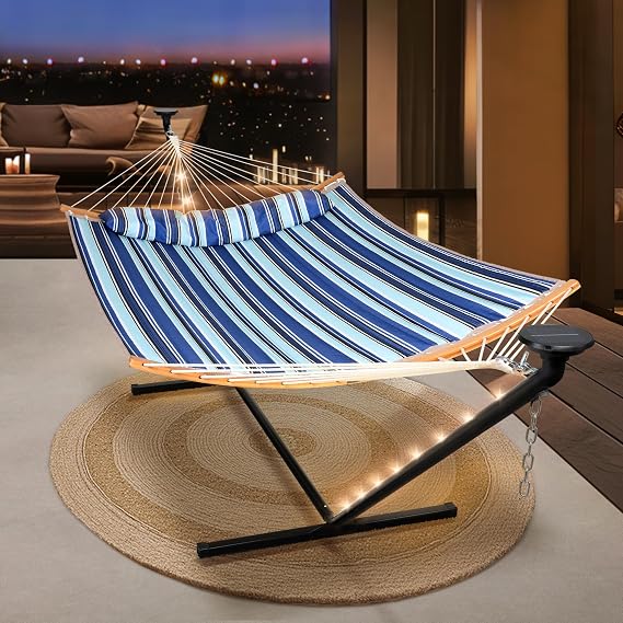 SUNCREAT Double Hammock with 12 ft Stand, Solar Powered Lights, Blue White | Outdoor Hammock for Outside