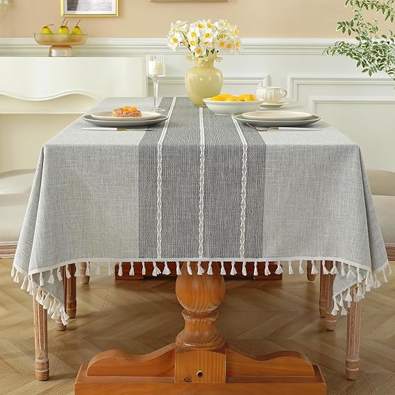 Laolitou Outdoor Table Cloth Rectangular, Waterproof Cotton Linen Tablecloth Wipe Clean Washable Anti-Wrinkle Tassel Design for Garden Picnic Party Kitchen Dinning, 55 x 72 Inch