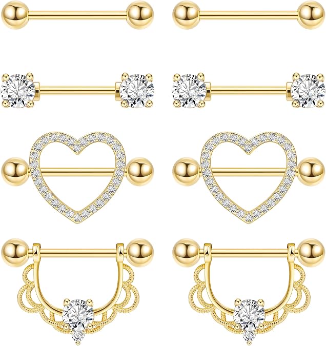 4Pairs 14G G23 Titanium Nipple Rings for Women Heart Flower CZ Barbell Nipplerings Hypoallergenic Cute Nipple Piercing Jewelry