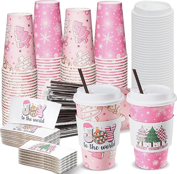 Meanplan 50 Sets 16 oz Christmas Coffee Cups with Lid, Pink Xmas