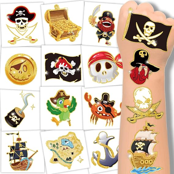 winthrop 240 Pcs Bulk Pirate Glitter Temporary Tattoos, Flash Gold Individually Wrapped Waterproof Safety Tattoos, Best Choice for Pirate Party Makeup, 60 Different Designs Pirate Ships