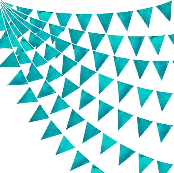 32Ft Teal Aqua Blue Bunting Banner Colorful Party Decorations Metallic Fabric Triangle Flag Pennant Garland Streamers for Mermaid Birthday Wedding Bridal Baby Shower Graduation Retirement Party