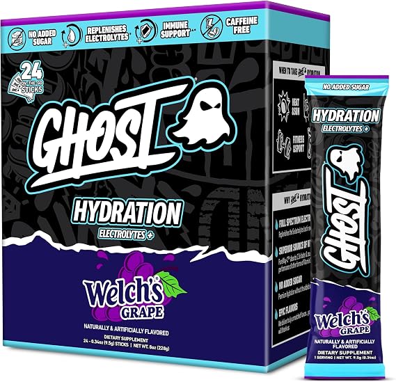 GHOST Hydration Sticks, 24 Electrolyte Powder Packets, Welch's Grape