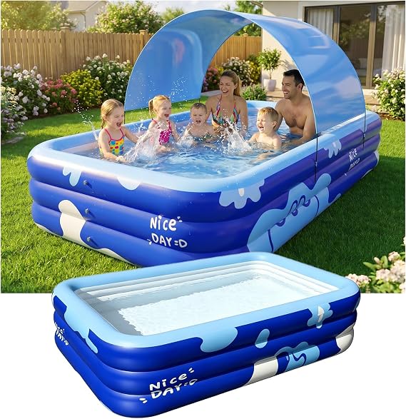 Inflatable Pool with Canopy for Adults, 118" x 69" Extra Large Blow Up Pool for Family Kids, Thickened Swimming Pool for Backyard Patio, 3-4 Mins Fast Inflation Pump Included