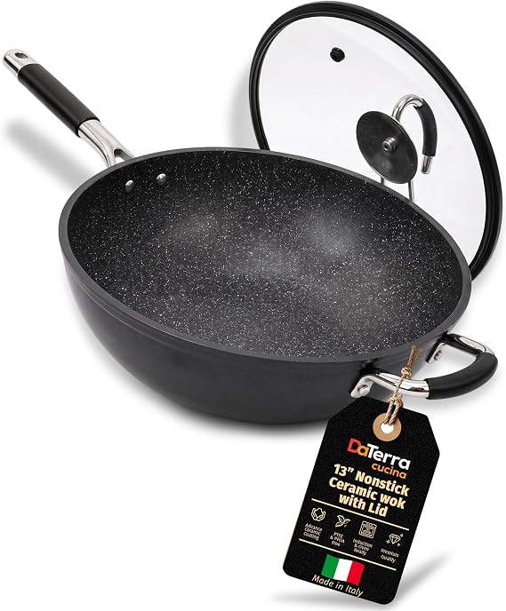 DaTerra Cucina Nonstick Ceramic Wok Pan with Lid, 13" Oven & Induction Safe
