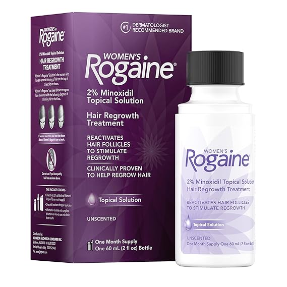 Women's Rogaine 2% Minoxidil Topical Solution for Thin Hair, Topical Hair Regrowth Treatment for Women, Unscented Minoxidil Liquid, 1-Month Supply, 2 fl. oz