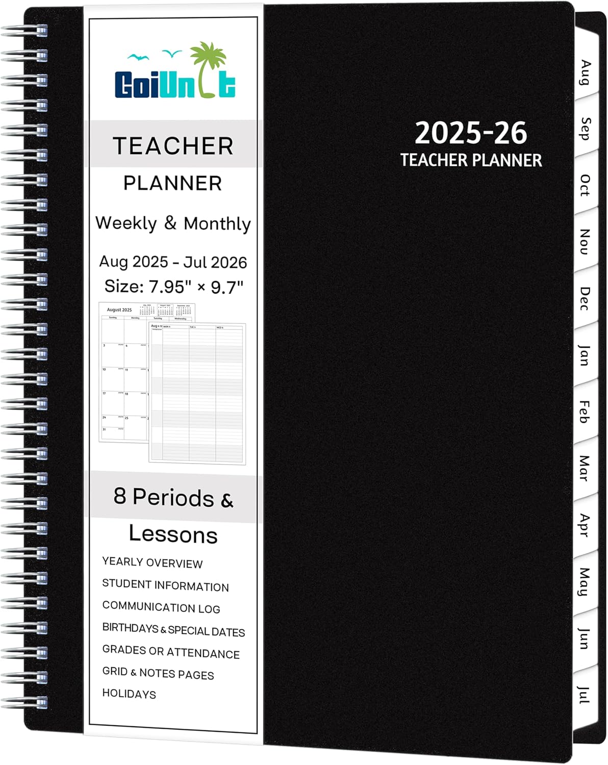 Teacher Planner 2025-2026, AUG. 2025 – JUL. 2026, Lesson Planner 2025-2026 Academic Year, with Tabs, Thick Paper, 2-Sided Pocket, 8’’ x 10’’ Daily Weekly and Monthly Calendar with 8 Periods