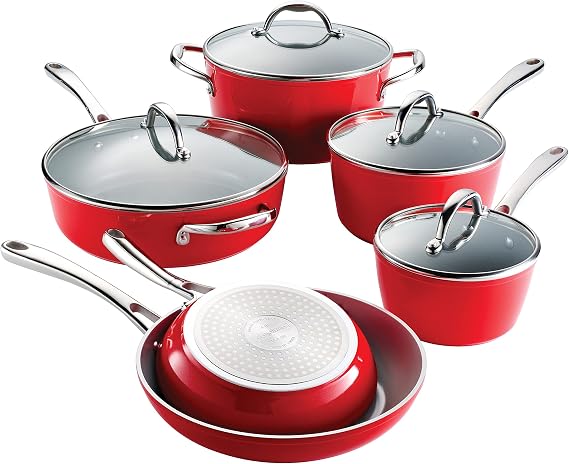 Tramontina 10-Pc Ceramic Non Stick Pots and Pans Set with Lids | Heavy-Gauge Aluminum Cookware Kitchen Set with Ceramic Nonstick Coating, Dishwasher and Oven Safe (Red)